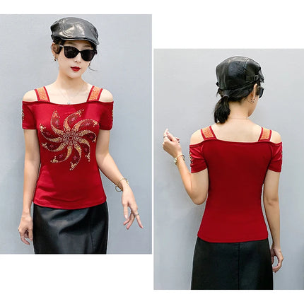 New Summer European Clothes Women's T-Shirts Luxury Butterfly Hot Diamonds Tees Sexy Streetwear Off-Shoulder Tops Shirt
