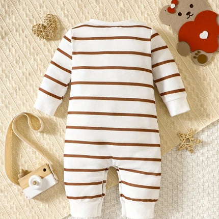"Korean-Style Baby Romper | Brown & White Striped Onesie with Bear-Holding-Heart Embroidery - 'I Love Mom & Dad' Themed"