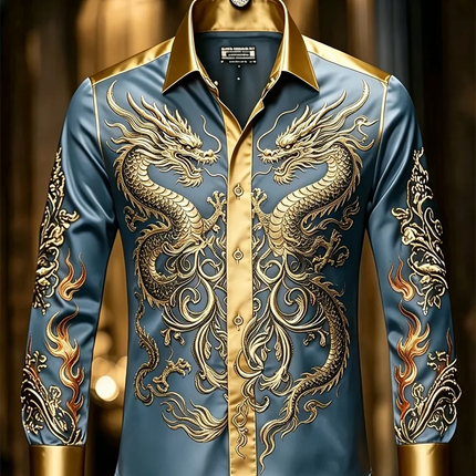 New black satin ethnic style geometric border men's long sleeved shirt retro business casual shirt clothing