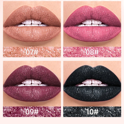 QIBEST Shimmer Lip Gloss Diamond Glitter Lip Tint Waterproof Long Lasting Matte Liquid Lipstick Red Purple Lipgloss Women Makeup