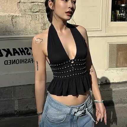 Weird Puss Rivet Ruffles Backless Tank Tops Women Hipster Halter V-Neck Sexy Midnight Street Summer Trend Hottie Coquette Tops