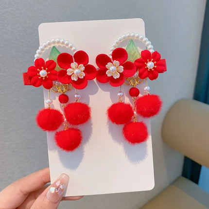 New Year Chinese-Style Hair Accessories Collection,Butterfly/Flower/Fan Designs with Fur Balls,Festive Clips for New Year Outfit