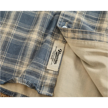 New summer retro pure cotton washing men's loose casual plaid lapel short-sleeved work shirt