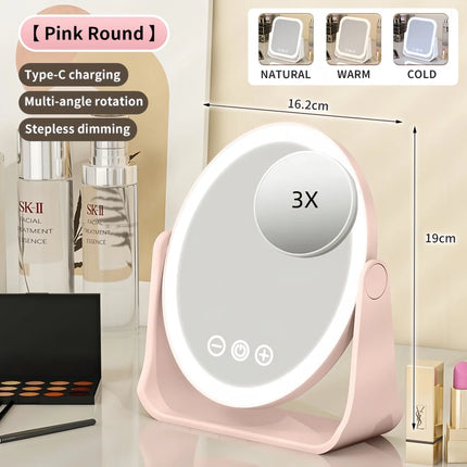 LED Makeup Mirror, Portable Flip Lighted Vanity Mirror with Touch Dimming, 3X Magnifier and Rechargeable Design for Desk