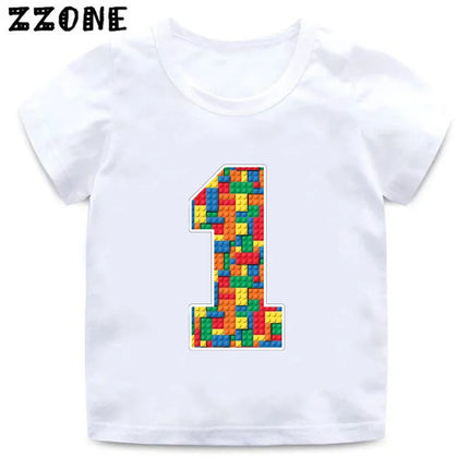 Building Blocks Bricks Number Bow Print Cartoon Boys Clothes 1 2 3 4 5 6 7 8 9 Years Birthday Kids T-shirt Baby Girls T-Shirts