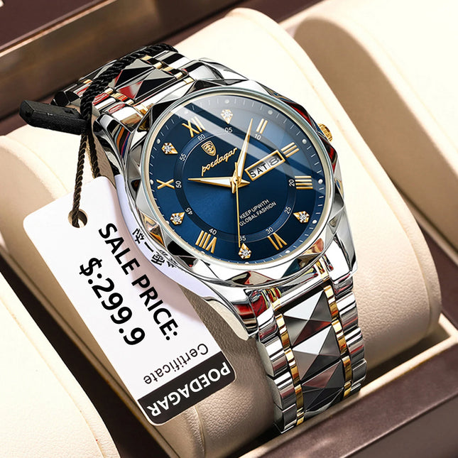 POEDAGAR Luxury Men Wristwatch Waterproof Luminous Date Week Watch For Man Stainless Steel Men's Watches Quartz Male Clock Sport