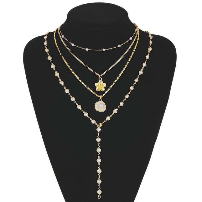European and American Personalized New Flower Pendant Pearl Stacked Necklace Fashionable Retro French Long Sweater Chain