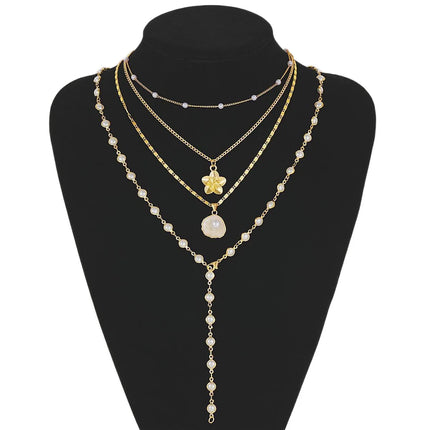 European and American Personalized New Flower Pendant Pearl Stacked Necklace Fashionable Retro French Long Sweater Chain