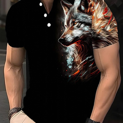 Street-style Wolf pattern men's polo shirt, summer T-shirt, short-sleeved animal print hip-hop T-shirt, plus-size casual polo sh