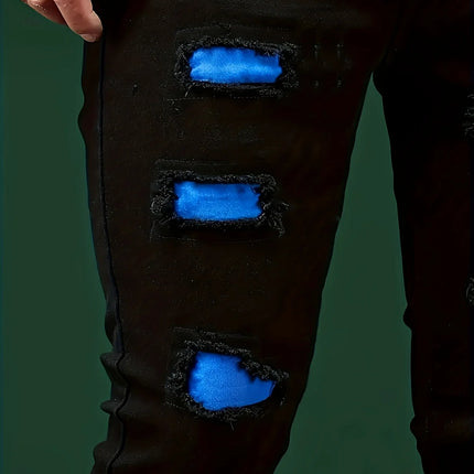 Patchwork Trendy Men's Streetwear Jeans Skinny Elastic Little Feet Straight Denim Trousers Fashion Ripped Slim Pants Male