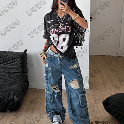 Summer New Chicago No.88 Print T Shirt For Women V-Neck Patchwork Short Sleeve Sports Football Jersey Y2K Loose Oversized Tops