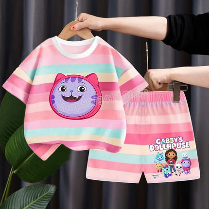 Gabby Dollhouse Children Summer Clothes Shorts Suit 2pcs Striped T-shirt Set Kid Tops Girl Tracksuits Outfits Boy Sport Tee Gift