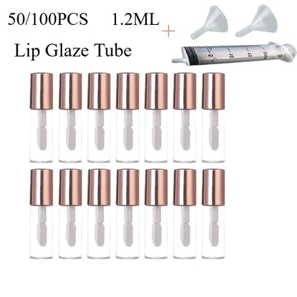 50/100pcs Empty Lip Gloss Tubes, Transparent Mini Fillable Lipstick Transfers for Lip Sample Travel DIY Makeup (1.2ml,Rose Gold)