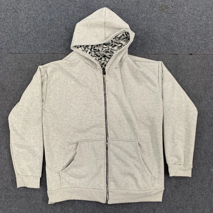 2025 New Unisex Hooded Sweatshirt with Leopard Print Lining Pocket, Loose Cardigan, Zipper Sweatshirt, Street Style, Double-Side