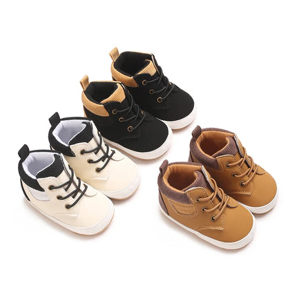 High-Top New 0-18M Baby and Children's Shoes Fashionable and Sporty PU Soft Rubber Sole First Walking Casual Sports Shoes