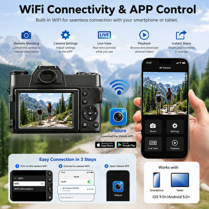 4K Digital Camera for Photography 16X Digital Zoom Vlogging Camera for YouTube 64MP WiFi Auto Focus Video Camera 3" Flip Screen