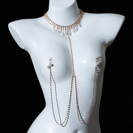 Rhinestone Pearl Fringe Nipple Clamps with Necklace Sexy Accessories Hot Breast Stimulation BDSM Training Adult Sex Toys Leten