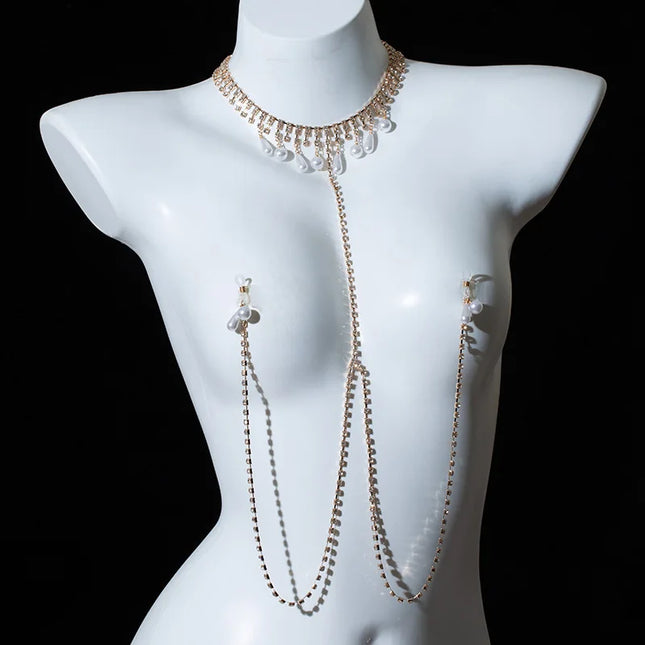 Rhinestone Pearl Fringe Nipple Clamps with Necklace Sexy Accessories Hot Breast Stimulation BDSM Training Adult Sex Toys Leten