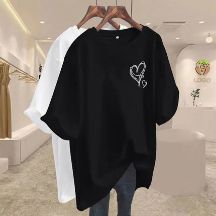 Summer 2025 New Elegant Love Print T-shirts Women Clothing Casual Loose Cotton Pullover Office Lady Basic Short Sleeve Top Tees