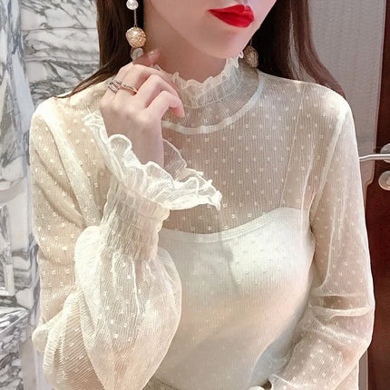 Women's Black Lace Flared Sleeve Slim Fit T-Shirt Long Sleeve Round Neck Base Shirt Fashion Kimono Bottoming Top for Women