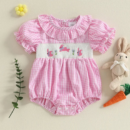 Citgeett Summer Infant Baby Girl Sweet Plaid Bodysuit Short Puff Sleeve Collar Bunny Embroidery Jumpsuit Clothes