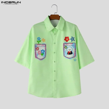 INCERUN Men's Shirt Printing Lapel Short Sleeve Loose Summer Menswear Clothing Streetwear 2026 Korean Style Casual Tops Shirts