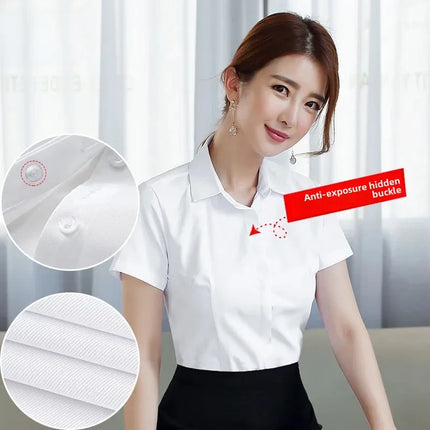 White Women's Shirt Short Sleeve Spring Summer New Work Uniform Formal Long Sleeve Black Blue Professional Clothing Female Blouse