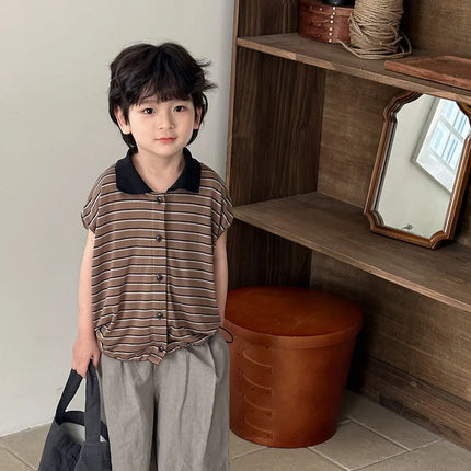 Boys and girls POLO shirt 2025 children's summer new striped short-sleeved T-shirt Mori retro tops summer 80-140cm