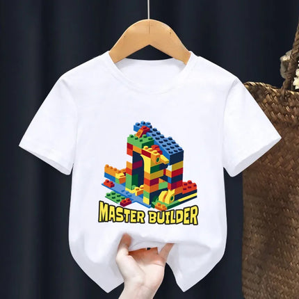 Master Builder Blocks Building Print Cartoon Kids T shirt Girls Summer Tops Baby Boys Clothes Children Short Sleeve T-shirts