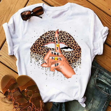 Women Summer Short Sleeve Tshirts Fashion Red Lips Finger Print Ladies T-shirts Top Cartoon Womens Graphic Tees T-Shirts