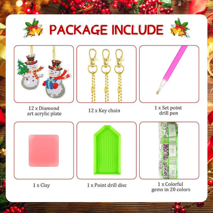 12Pieces Double Sided Christmas Diamond Art Ornaments Diamond Painting Keychains DIY 5d Painting Round Drill Key Chain Christmas