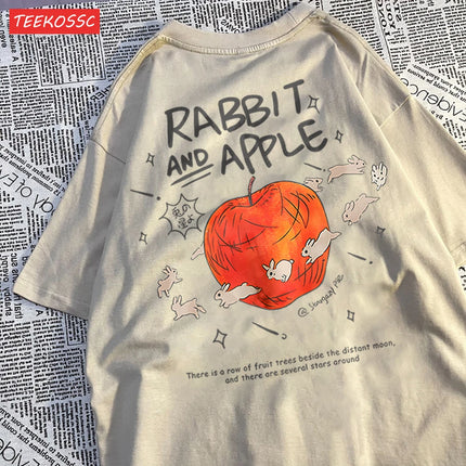 Rabbits Running Around Apples Print Men's Tees Cartoon Breathable T-Shirts Popular Comfort T-Shirt Retro Round Neck Short Sleeved