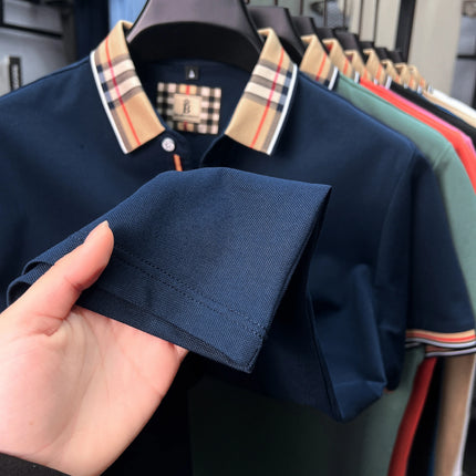 High-end luxury brand men's short-sleeve polo shirt, summer breathable cotton plaid lapel top, fashion embroidered casual T-shirt