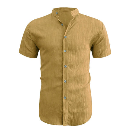 2026 New Men Vertical Wrinkle Textured Mandarin Collar Short Sleeve Button Shirt Loose Fit Summer Beach Travel Daily Casual Top