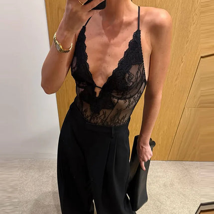 Sexy Lace Patchwork Jumpsuits For Women V Neck Sleeveless Backless High Waist Slim Jumpsuit 2026 Spring Fashion Lady Clothing
