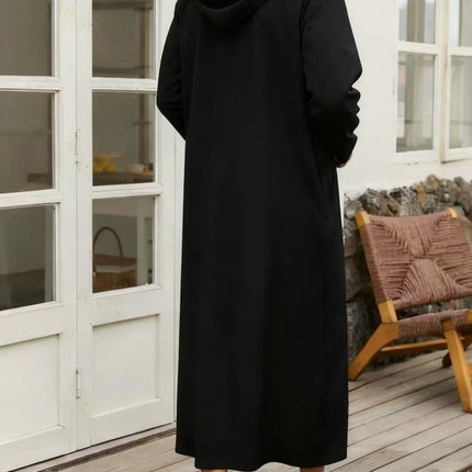 African Middle East Black Robe Men Round Neck Hooded Loose Casual Pullover Long Gown Ethnic Style Loungewear