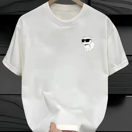 Minimalist Cat Print Women's T-Shirt Retro Unisex Oversized Short-Sleeve Y2K Style Top Short-Sleeve Athletic Soft Cotton T-Shirt