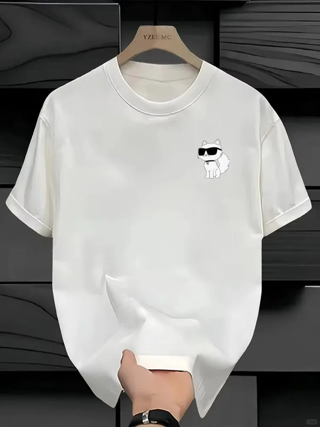 Minimalist Cat Print Women's T-Shirt Retro Unisex Oversized Short-Sleeve Y2K Style Top Short-Sleeve Athletic Soft Cotton T-Shirt