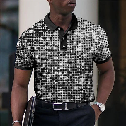 Summer Men's Polo Lapel Golf Shirt with Printed Geometric Pattern Fold