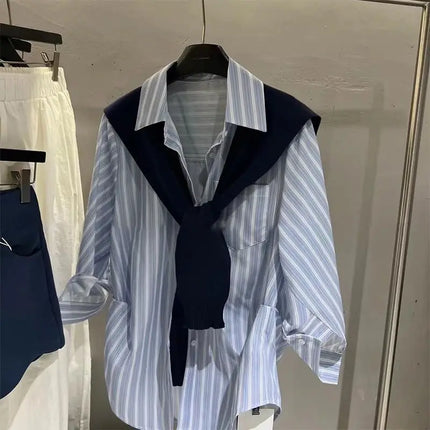 Blue Loose College Style Striped Shirt plus Shawl Two-Piece Set Women Spring Autumn New Versatile High-End Feeling Top