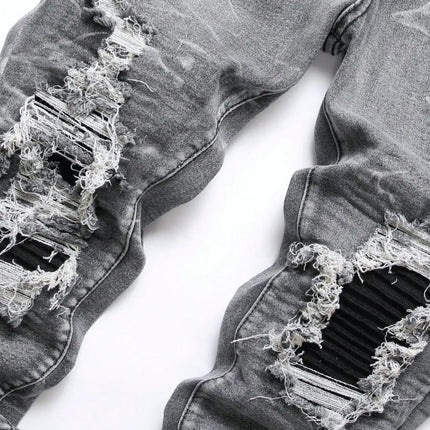 Men‘s Stretchy Denim Jeans Streetwear Tearing Patchwork Holes Ripped Denim Elastic Waist Casual Pants Slim fit Straight Trousers