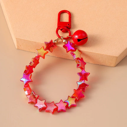 Fashion Colorful Handmade Star Beads Bracelet Bell Keychain for Car Key Women Men Handbag Pendant Keyrings DIY Jewelry Gifts