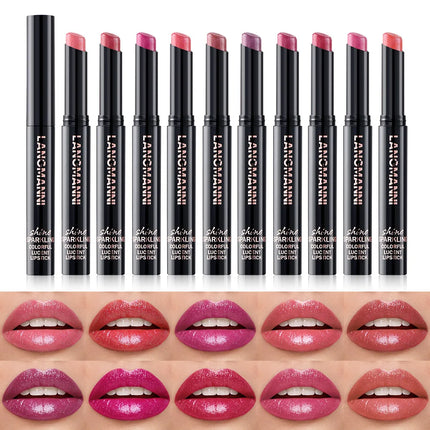 10 Color Glitter Pearlescent Lipstick Waterproof Lasting Diamond Lipstick Shiny Lip Gloss Non-stick Cup Red Sexy Lip Tint Makeup