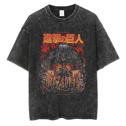 Anime Attack on Titan Vintage Washed Print T-shirt Mikasa Ackerman Eren Jaeger Wings of Freedom Logo Men's Summer Cotton T-shirts