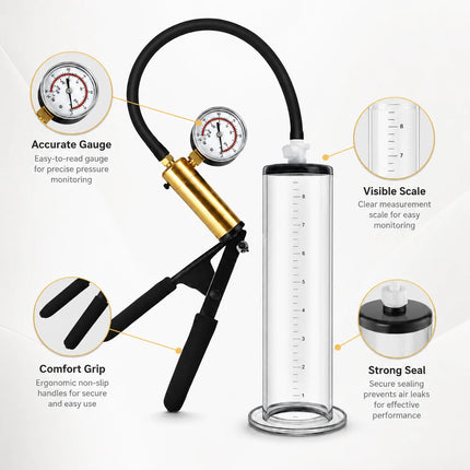Male Acrylic Cylinder Vacuum Pump Sex Toy with Black Hose Metal Gauge Hand Pump and Man Masturbation Accessories