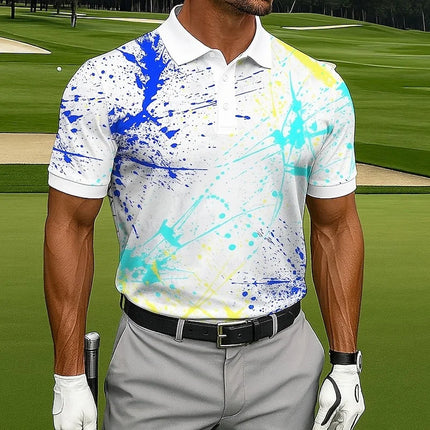 Business Men's Polo Shirt Casual Summer Short Sleeve Top Lines Pattern Printed Buttons Fashionable Golf Shirt