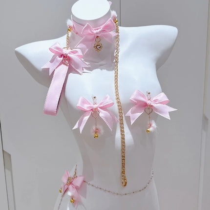 New Pink Bow Nipple Clips Heart-Shaped Gemstone Collar Leash Set with Body Chain Sexy Accessories Anal Plug with Tail Sex Toys