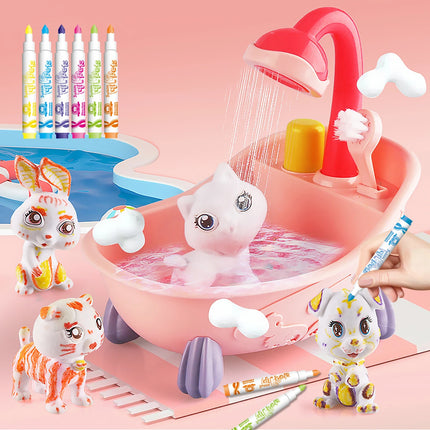 Cute Fun Pet Bathtub Playset - Washable Doodle Pet Toys with Color Crayons for Kids' Creative Bath Time Play