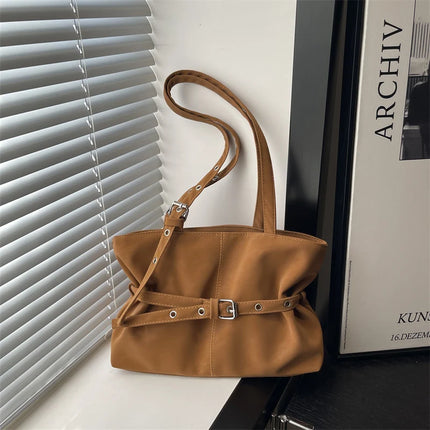 Minimalist Solid Color Tote Bag PU Belt Buckle Detail Lightweight Suede Zipper Large Spacious Shoulder Bag for Travel Commute