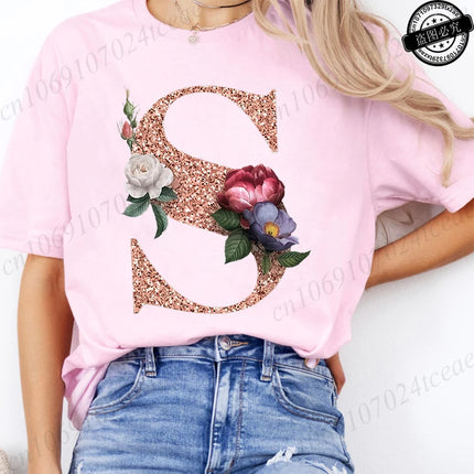 T Shirt for Women Clothing Summer Short Sleeve Tee shirts Rose Gold Letter A~Z Printed Graphic Tops Female T-Shirts Clothing